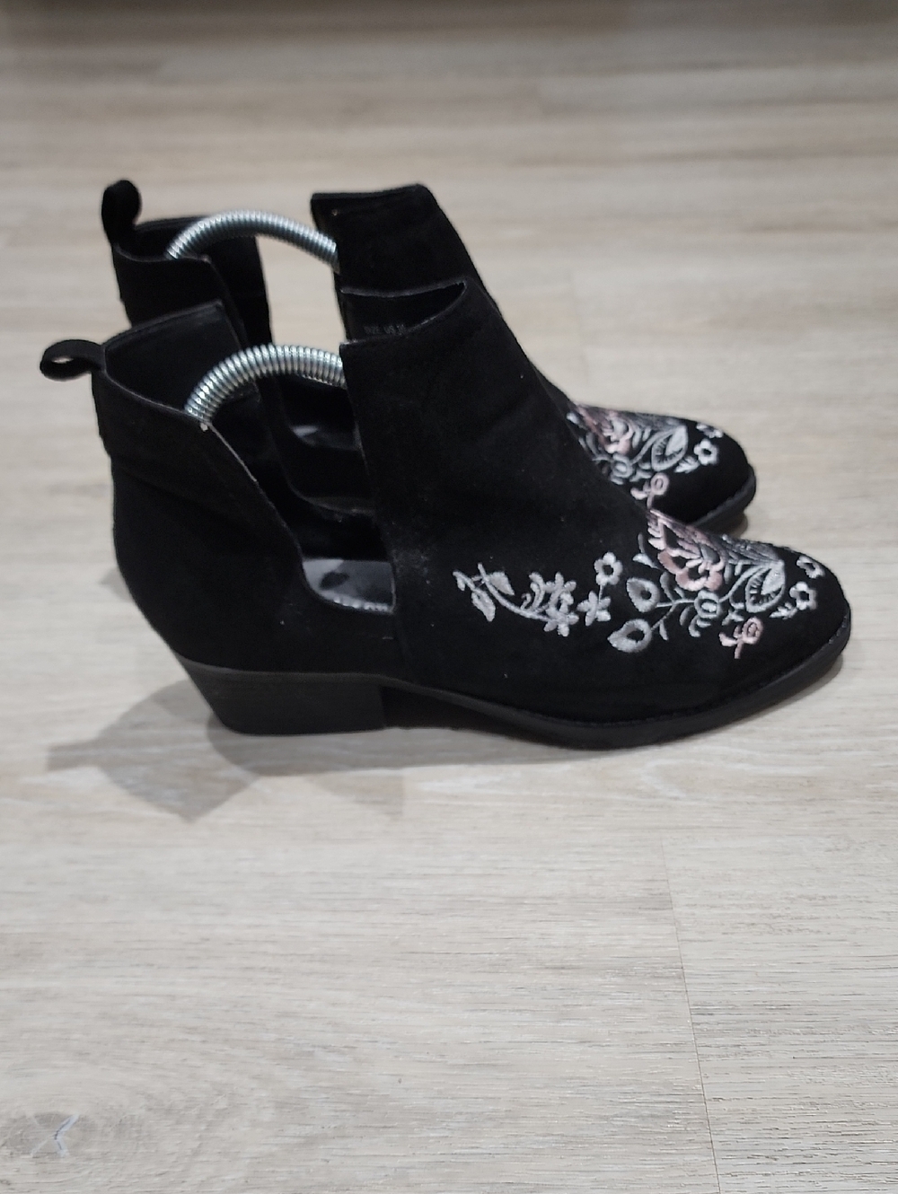 Olivia Miller Black Suede Ankle Booties with Pink & Silver Floral Embroidery 10
